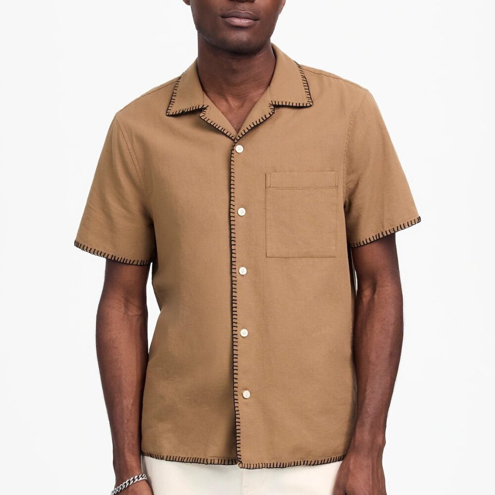Madewell Men's Blanket Stitch Cotton Short Sleeve Shirt Tan Black Size XS NWT
